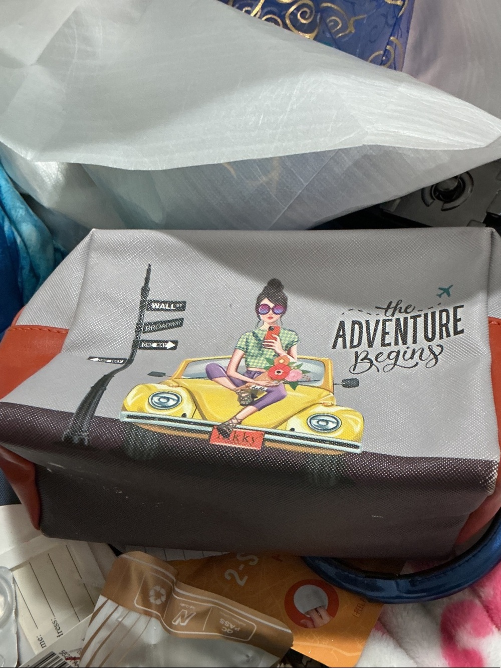 The Adventure Begins Travel Cosmetic Bag - Yellow Car Print